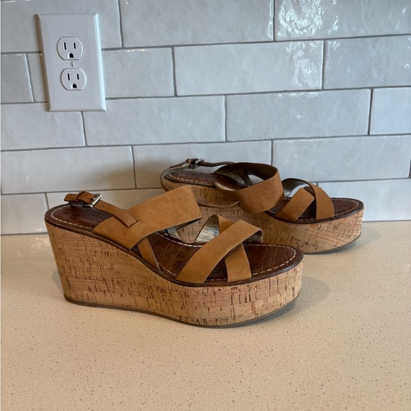 Sam Edelman Size 9.5 Destiny Brown Leather Platform Cork Wedge Sandals Tan - Picture 1 of 6